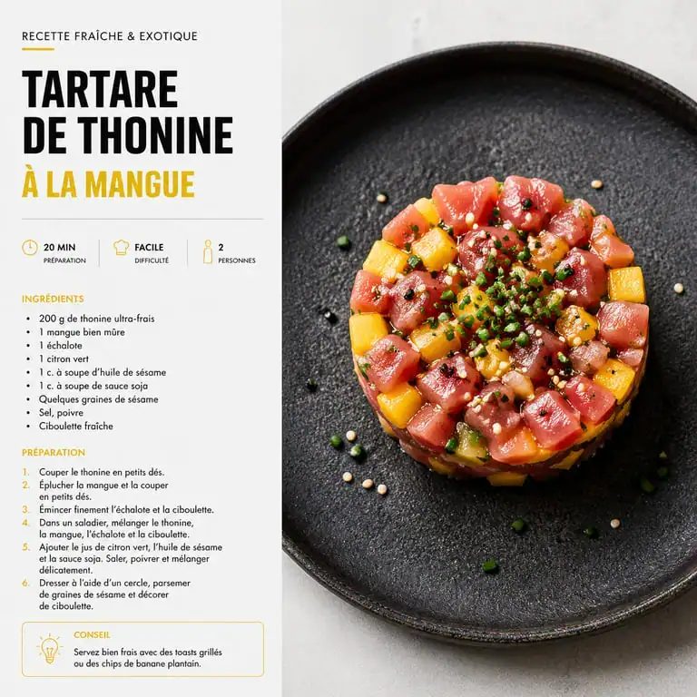 Tartare de thonine à la mangue et au gingembre dans une assiette