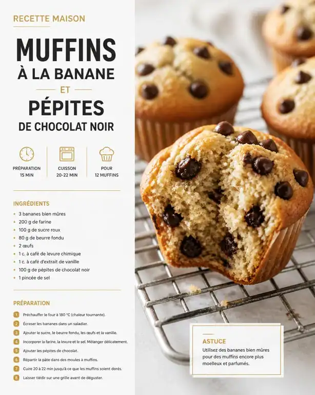 Recette muffin banane moelleux avec pépites de chocolat noir