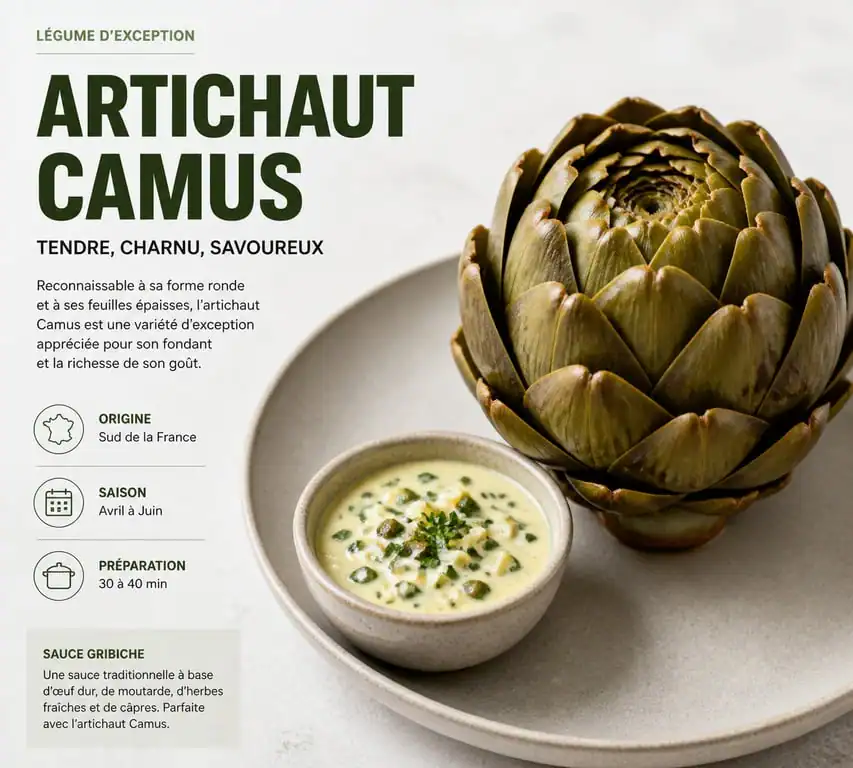 Artichaut Camus entier accompagné d'une sauce gribiche maison dans une assiette