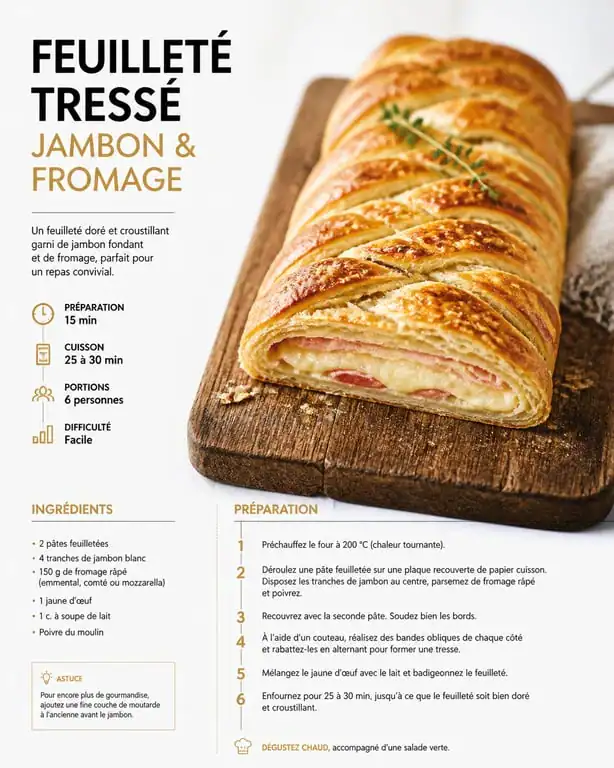 Feuilleté tressé au jambon et fromage croustillant, recette avec de la pâte feuilletée