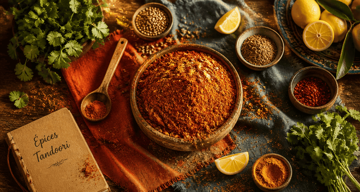 mélange épices tandoori maison sur table rustique