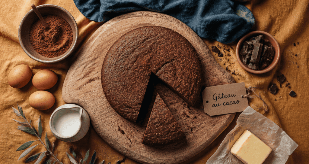 gateau cacao maison sur planche avec ingrédients