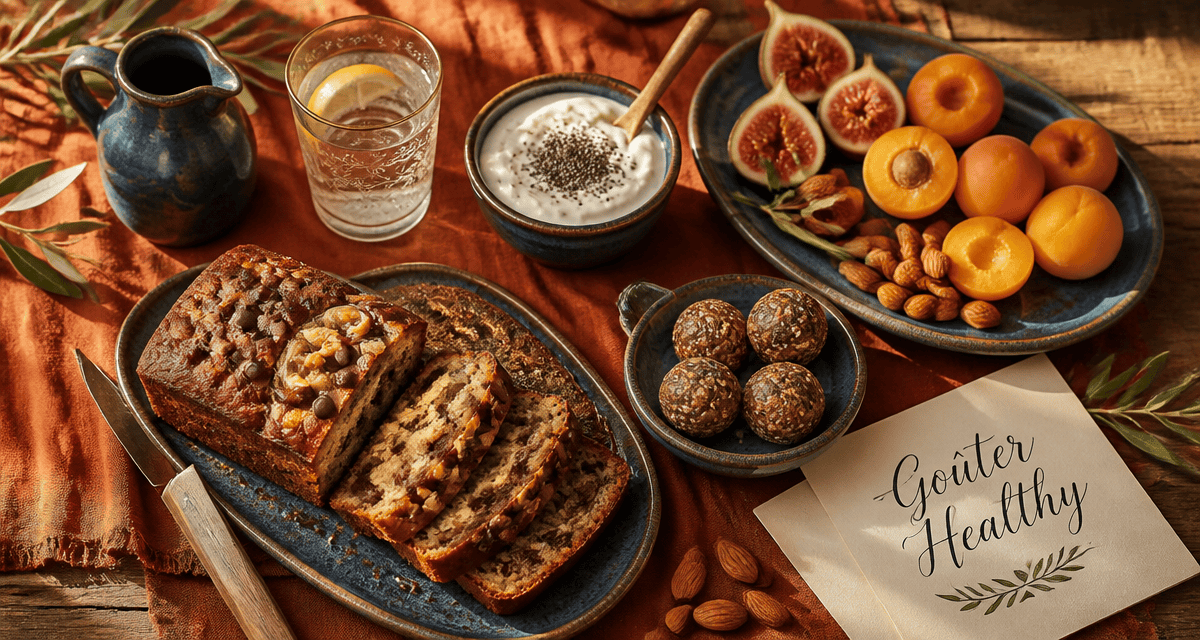 Gouter healthy avec banana bread, yaourt grec, energy balls et fruits frais