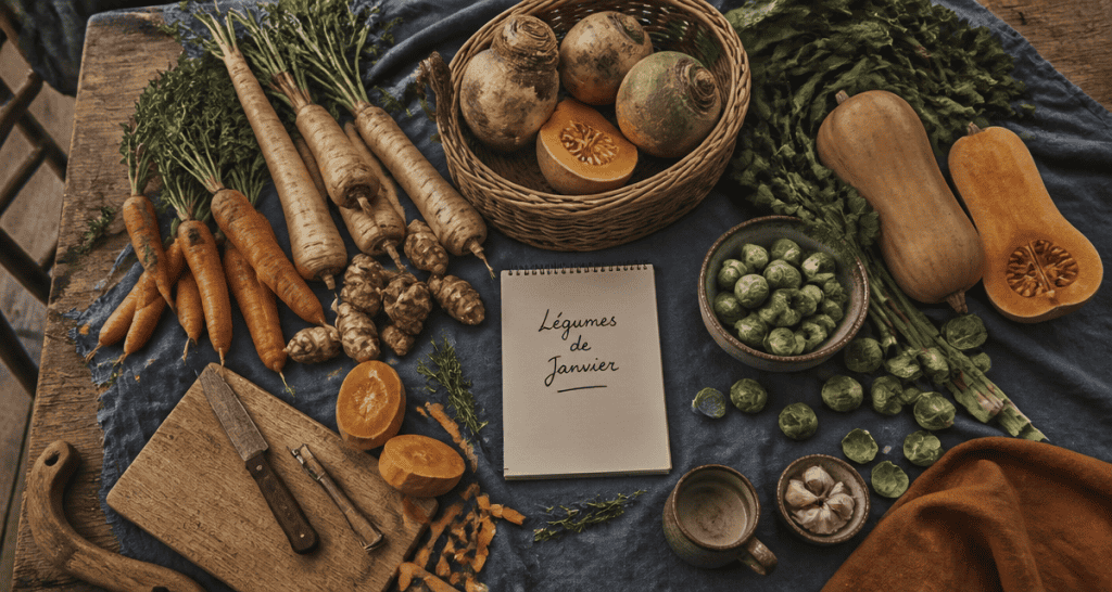 légumes de saison janvier sur table en bois