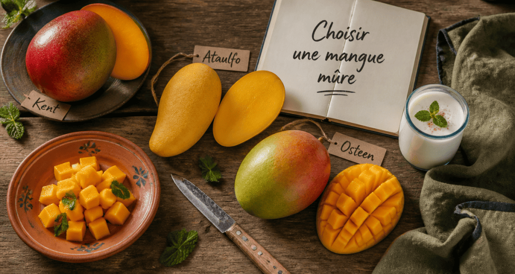 Mangue mure variétés entières et coupées sur table