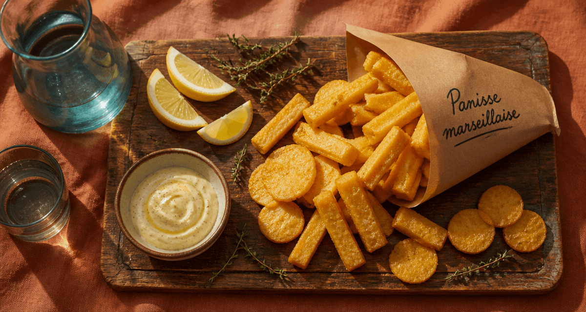 panisse marseillaise dorée, bâtonnets et rondelles, servie avec aïoli