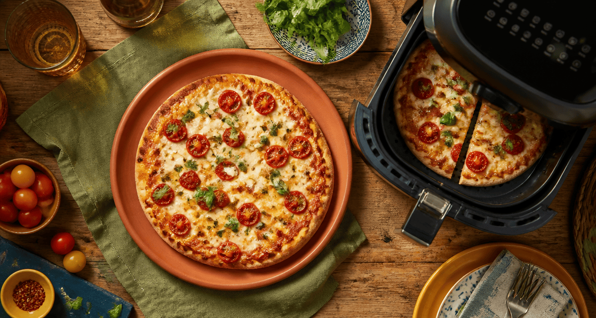 Pizza surgelée airfryer dorée sur assiette
