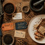 poivre noir en grain sur planche et viande grillée