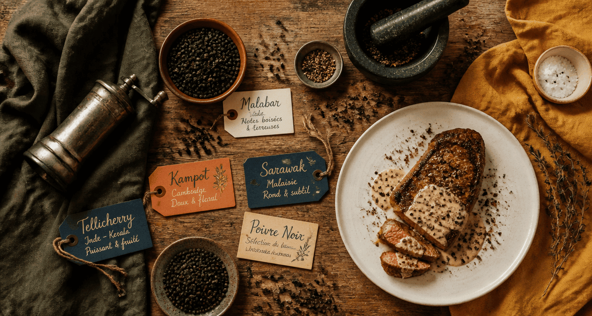 poivre noir en grain sur planche et viande grillée