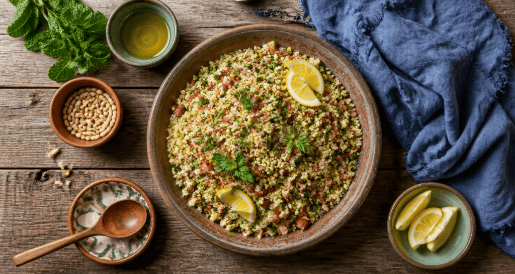 recette taboulé méditerranéen sur table rustique