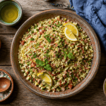 recette taboulé méditerranéen sur table rustique