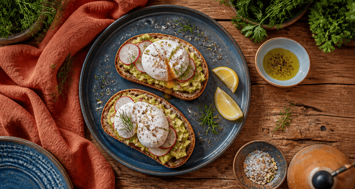 Recettes toast avocat sur pain au levain, œuf poché, radis et herbes