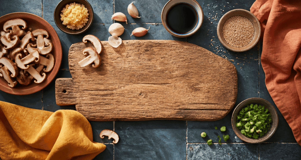 shiitakes recettes ingrédients frais sur planche