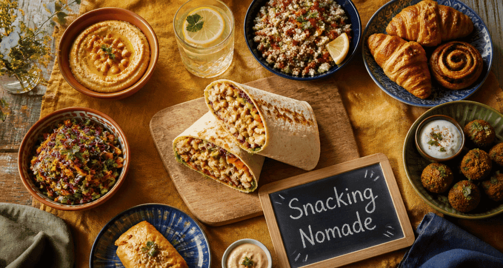 Table snacking avec wrap, bowls et boissons