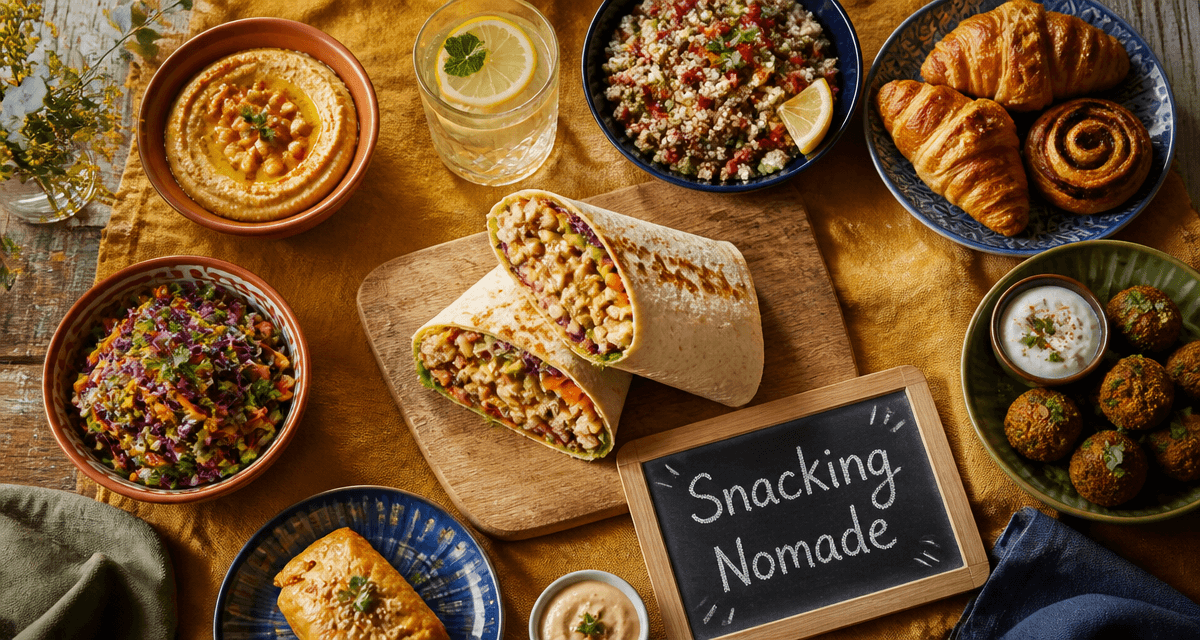 Table snacking avec wrap, bowls et boissons