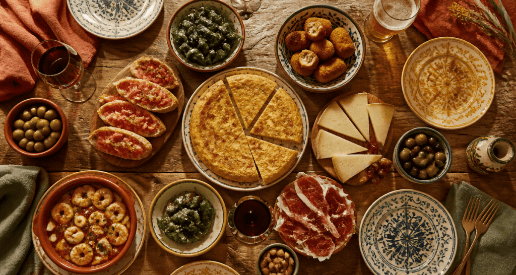 Assortiment de tapas espagnols sur table rustique