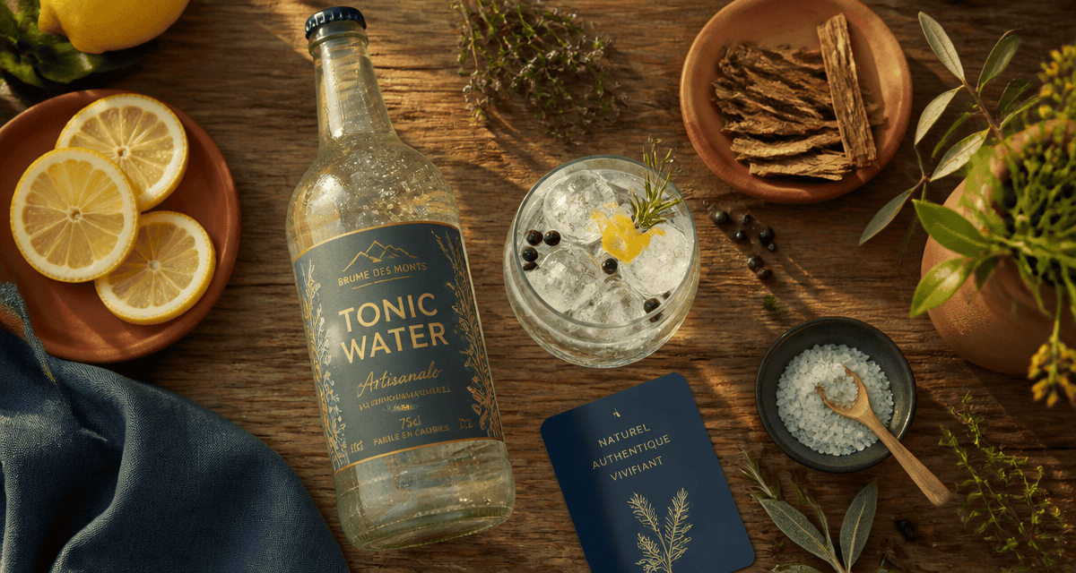 Tonic water artisanal, verre de cocktail, ingrédients naturels