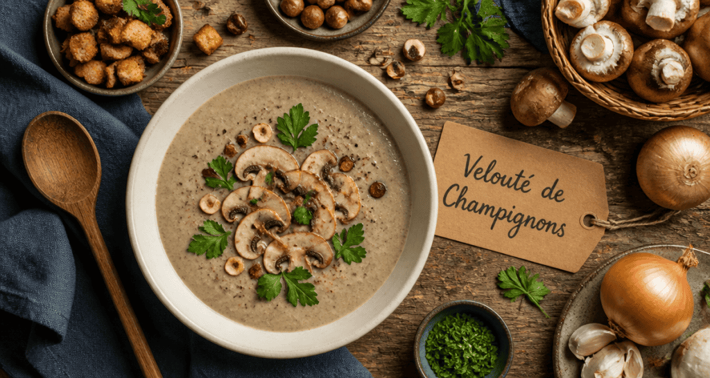 velouté de champignons thermomix en bol sur table rustique