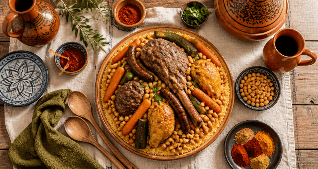 Viande pour le couscous sur table conviviale