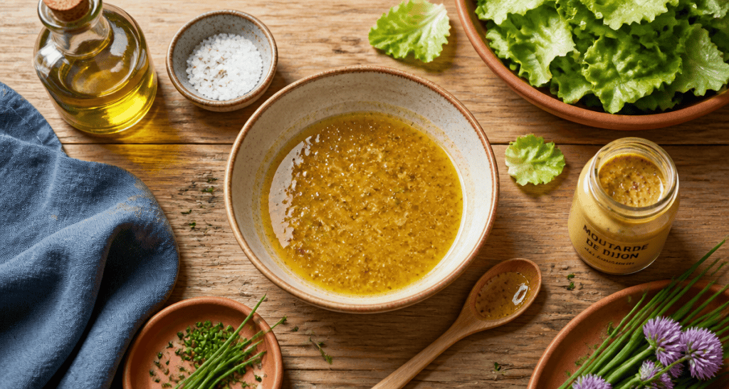 Vinaigrette moutarde dorée dans bol céramique