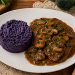 Accompagnement pour langue de boeuf avec sauce Madère, champignons et vitelotte