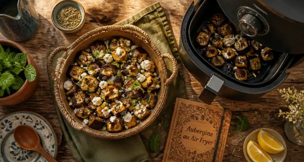 Aubergine air fryer dorée avec feta et herbes