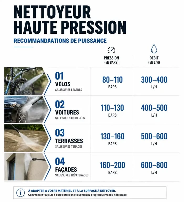 Infographie des recommandations de puissance pour nettoyeur haute pression selon l'usage et la surface