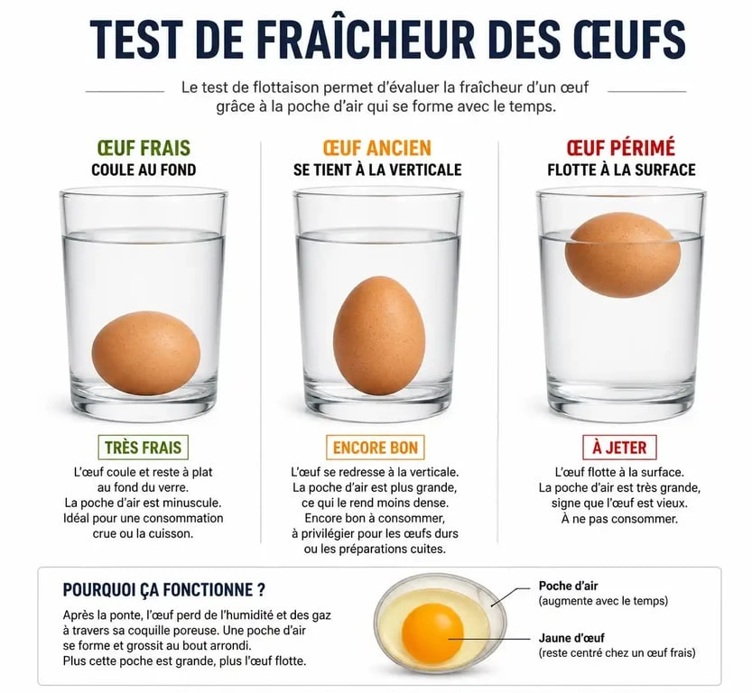 Schéma illustrant le test de flottaison pour vérifier la fraîcheur d'un œuf périmé depuis 1 mois