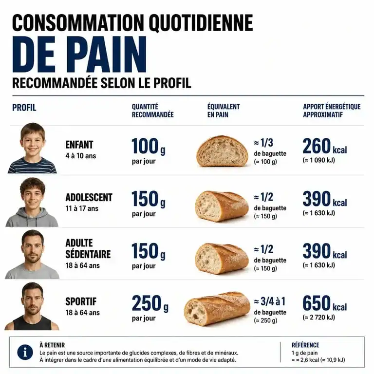 Infographie sur la quantité de pain par jour recommandée selon le profil