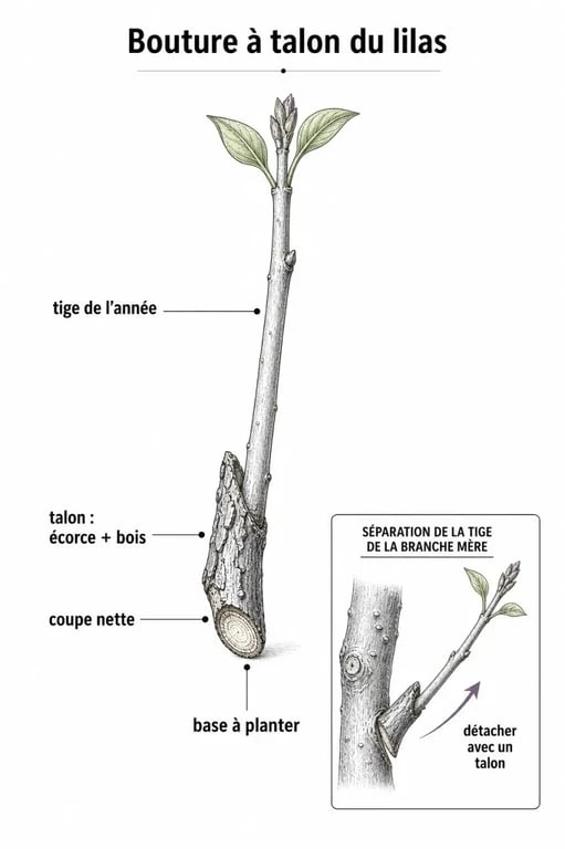 Schéma explicatif de la technique de bouture à talon pour multiplier le lilas
