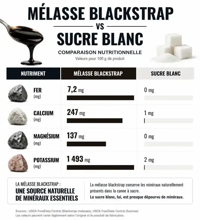 Infographie comparative des apports nutritionnels : mélasse blackstrap vs sucre blanc
