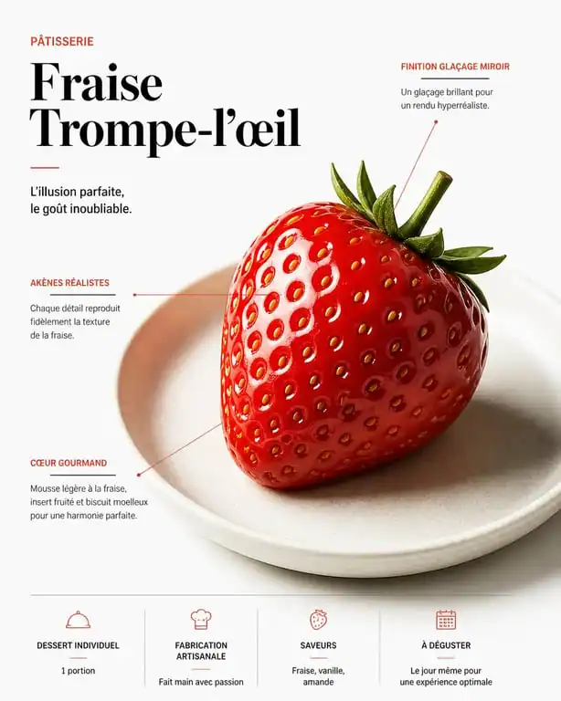 Pâtisserie trompe l'œil fraise réaliste sur assiette