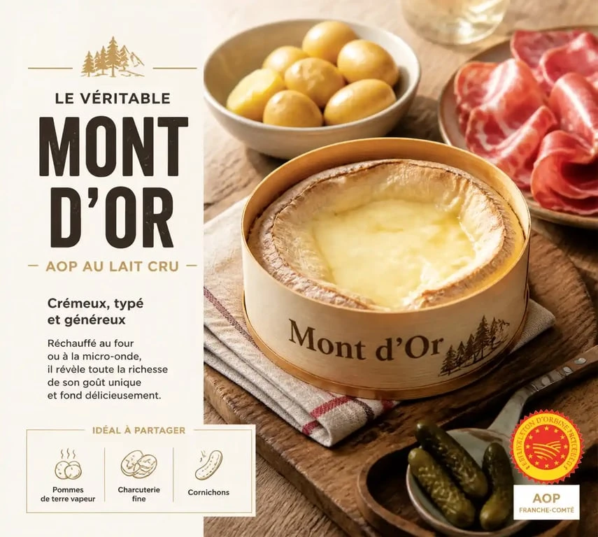 Mont d'Or chaud au four avec ses accompagnements traditionnels : pommes de terre et charcuterie