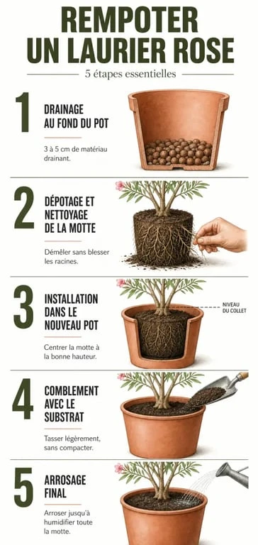 Étapes illustrées pour réussir le rempotage d'un laurier rose en pot
