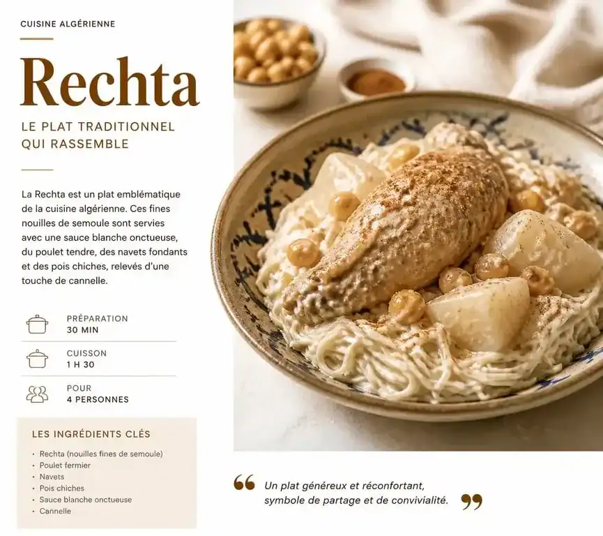 Plat traditionnel algérien Rechta au poulet et navets, recette authentique