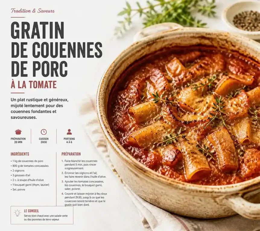 Gratin de couennes de porc à la tomate, une recette savoureuse et fondante