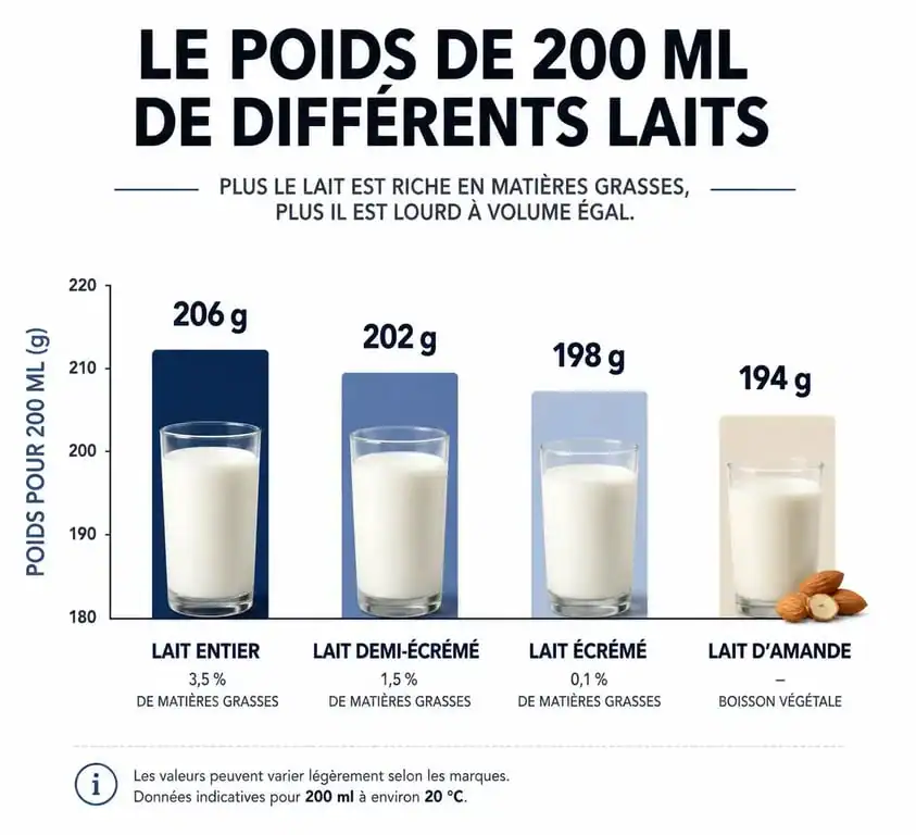 Infographie comparative du poids de 200 ml de lait selon le type : entier, demi-écrémé, écrémé ou végétal.