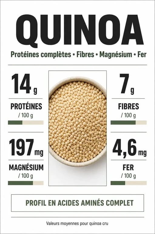 Infographie des bienfaits nutritionnels du quinoa, source de protéines et minéraux