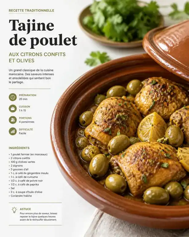 Plat a base de poulet : tajine aux citrons confits et olives servi dans une cocotte traditionnelle