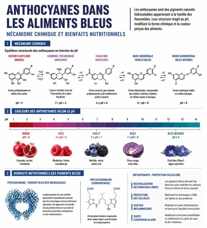 Infographie sur les bienfaits et la chimie des aliments bleus et des anthocyanines