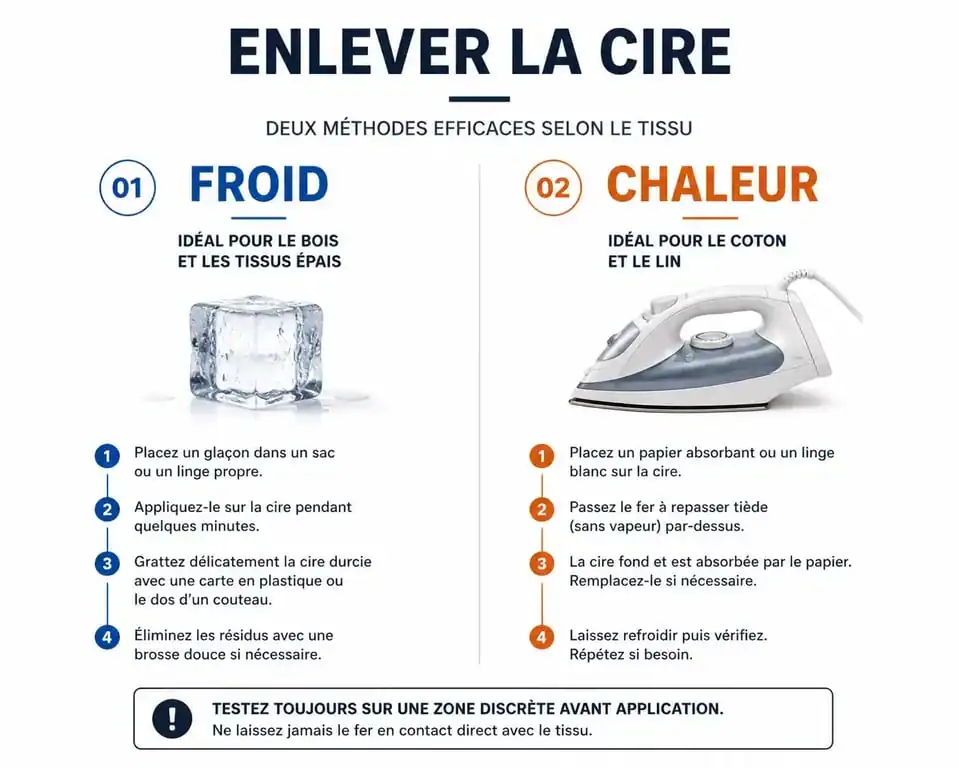 Infographie des méthodes pour enlever la cire de bougie selon la surface