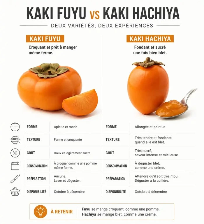 Comparaison visuelle entre kaki astringent et non-astringent pour savoir quoi faire après avoir mangé un kaki astringent