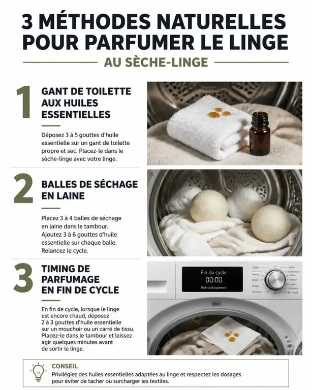 Infographie des astuces pour une bonne odeur dans le sèche-linge avec huiles essentielles et balles de laine