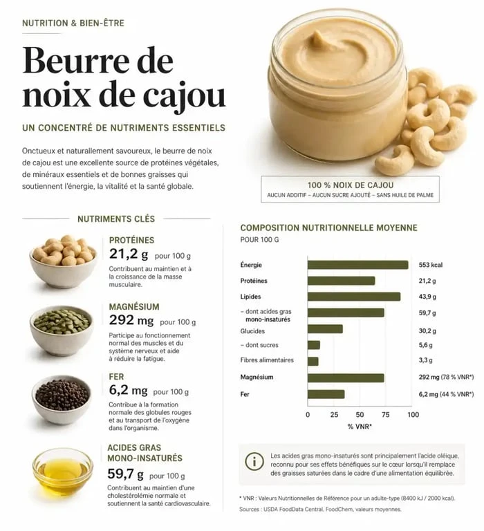 Infographie des bienfaits nutritionnels et apports santé du beurre de noix de cajou