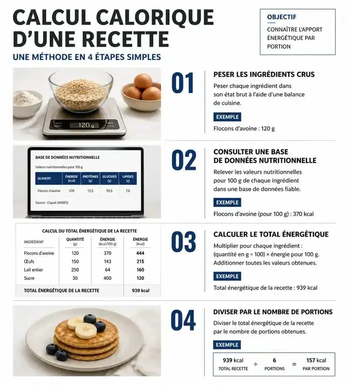 Infographie expliquant la méthode pour calculer les calories d'une recette maison étape par étape