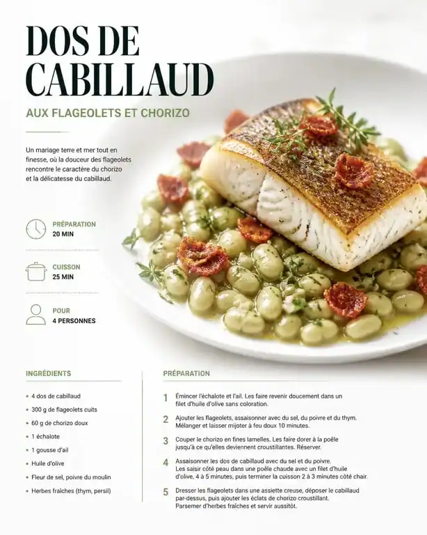 Accompagnement flageolet avec dos de cabillaud et chorizo