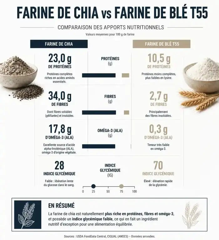 Infographie comparative des valeurs nutritionnelles : farine de chia vs farine de blé