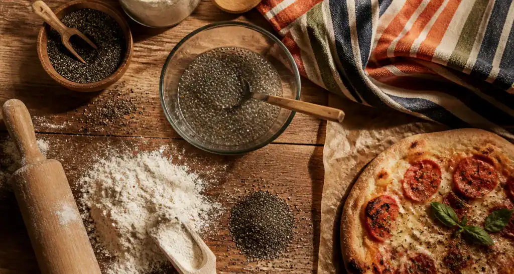 farine de chia et farine de blé sur table avec ustensiles
