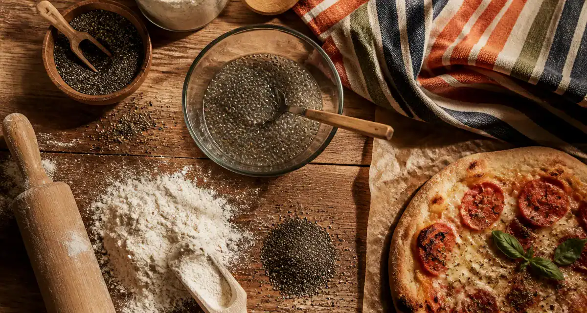 farine de chia et farine de blé sur table avec ustensiles
