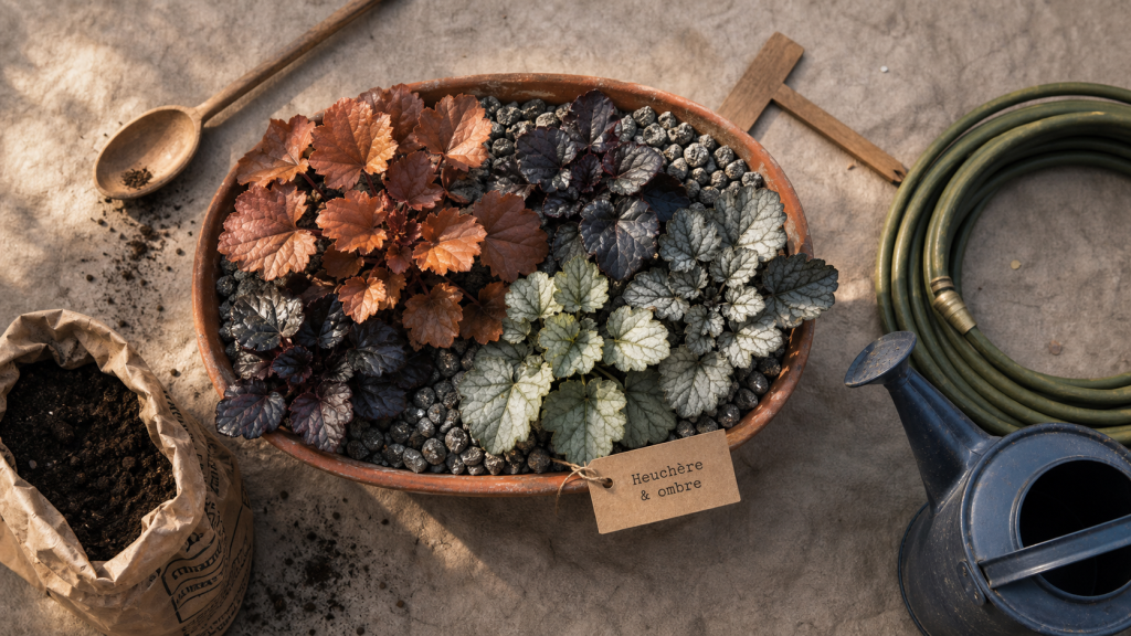 Les plus belles heuchères à l’ombre, feuillages en terrine de jardin
